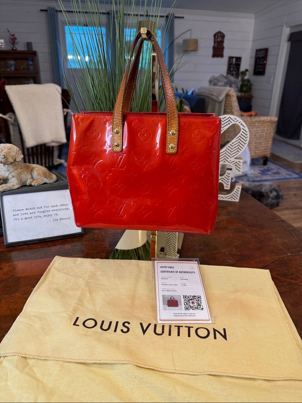 Louis Vuitton Red Patent Vernis Monogram Tote with Brown Handles w/ COA